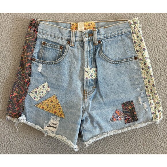 Vintage Beverly Hills Denim Shorts High Waist Patchwork Boho Festival - Picture 6 of 13
